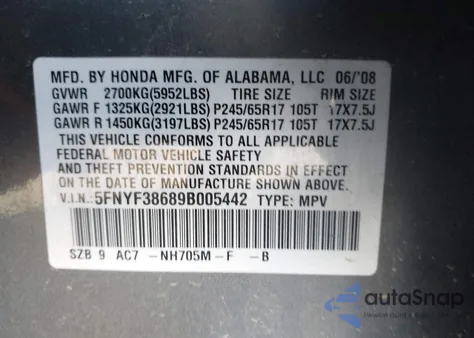 2009 Honda Pilot Ex-L z USA, uszkodzony, nr VIN 5FNYF38689B005442